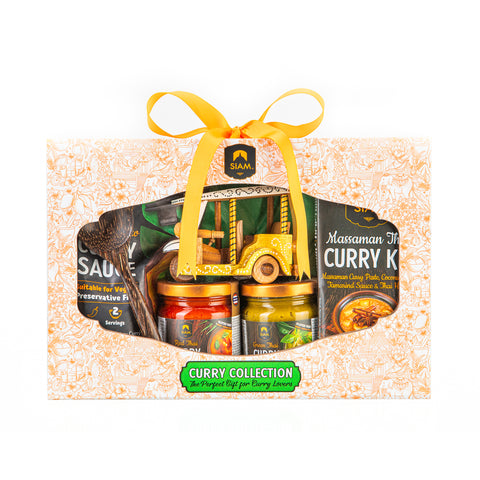Curry collection gift set with jars and a yellow ribbon on a white background