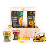 Curry sauce, curry paste, and curry kit packaging with a toy truck on a white background