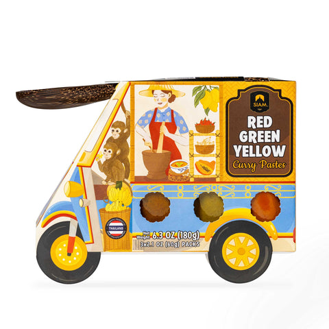 Curry paste packaging shaped like a colorful Tuk Tuk with illustrations and text.
